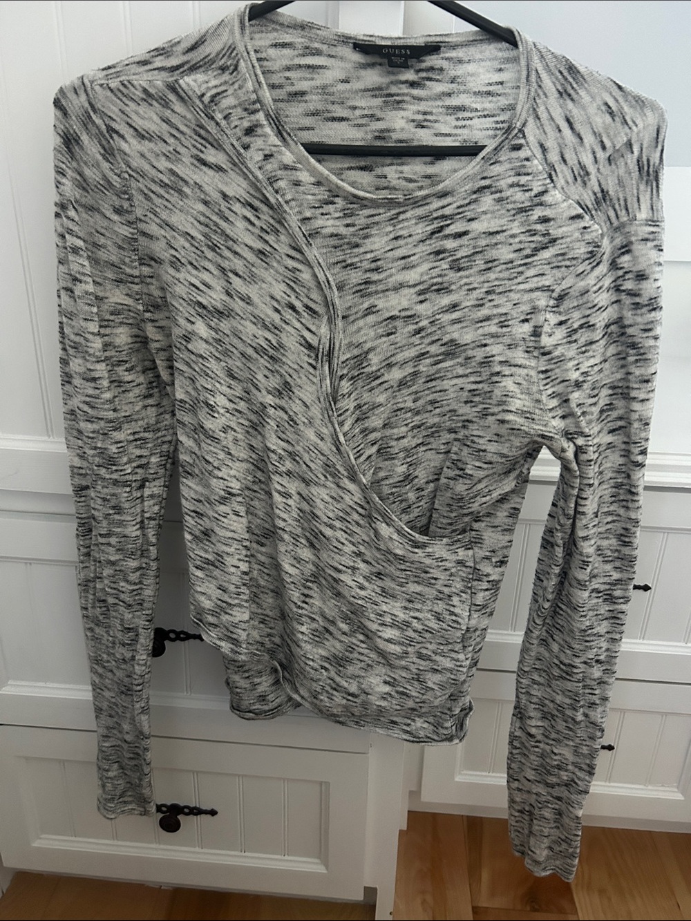 Guess Space-Dye Gray Long Sleeve Wrap-Detail Top